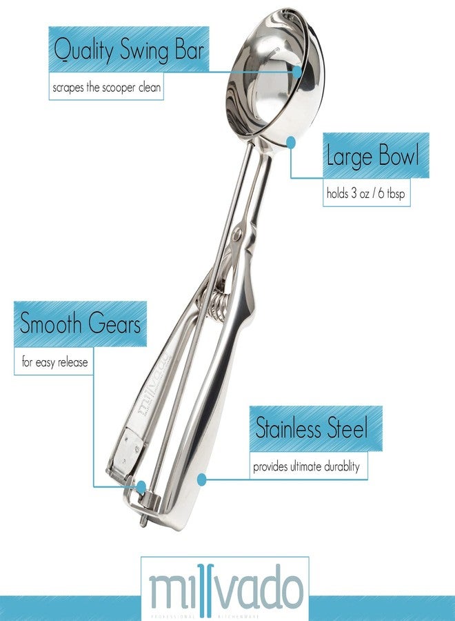 Millvado Stainless Steel Ice Cream and Cookie Scoop | Large Sized, Spring Loaded Lever Design, For Sorbet, Melon, Meatballs, Muffins, and More, 3 Ounce (2.5”) Scooper - Image 3