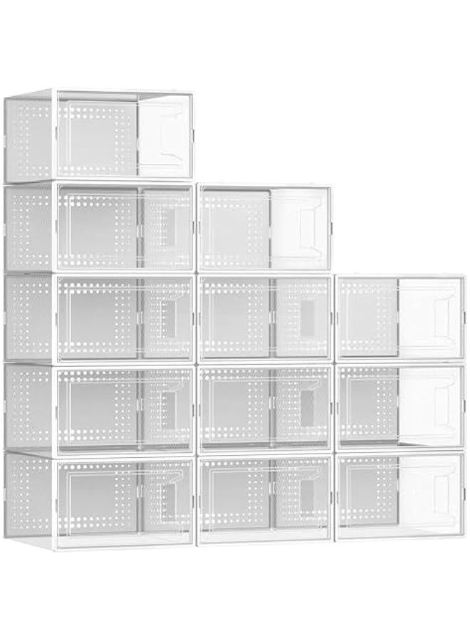 Arabest Twelve Piece Extra Large Shoe Storage Boxes for Closet Modular Clear Plastic Stackable Sneaker Containers Display Cases with Lids in White  - Image 1