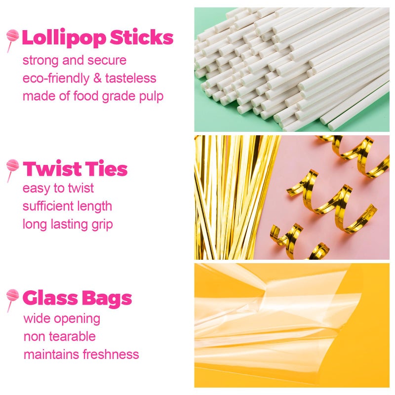 ZHBDMGK 600Pcs Lollipop Stick  6In Cake Pop Sticks With Clear Treat Bags & Gold Twist Ties  Cake Pops Making Tools For Lollipops  Candies  Chocolates Cookies - Image 3