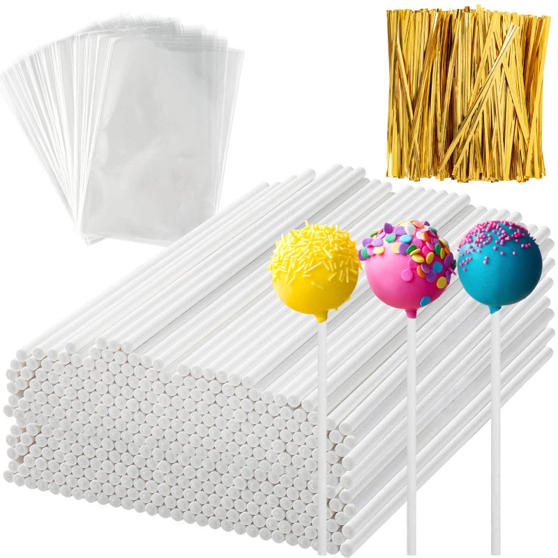 ZHBDMGK 600Pcs Lollipop Stick  6In Cake Pop Sticks With Clear Treat Bags & Gold Twist Ties  Cake Pops Making Tools For Lollipops  Candies  Chocolates Cookies - Image 1