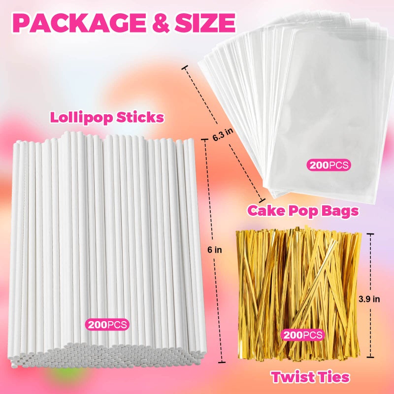 ZHBDMGK 600Pcs Lollipop Stick  6In Cake Pop Sticks With Clear Treat Bags & Gold Twist Ties  Cake Pops Making Tools For Lollipops  Candies  Chocolates Cookies - Image 2