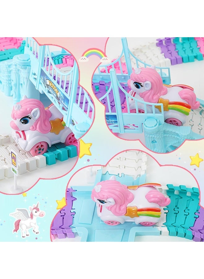 فلاي هسو مسار سباق وحيد القرن مكوّن من 246 قطعة للأطفال من عمر 4 إلى 8 سنوات، مجموعة مسار سيارات مرن، ألعاب أميرة، هدية رائعة للفتيات والأطفال من عمر 3 إلى 6 سنوات - Image 3