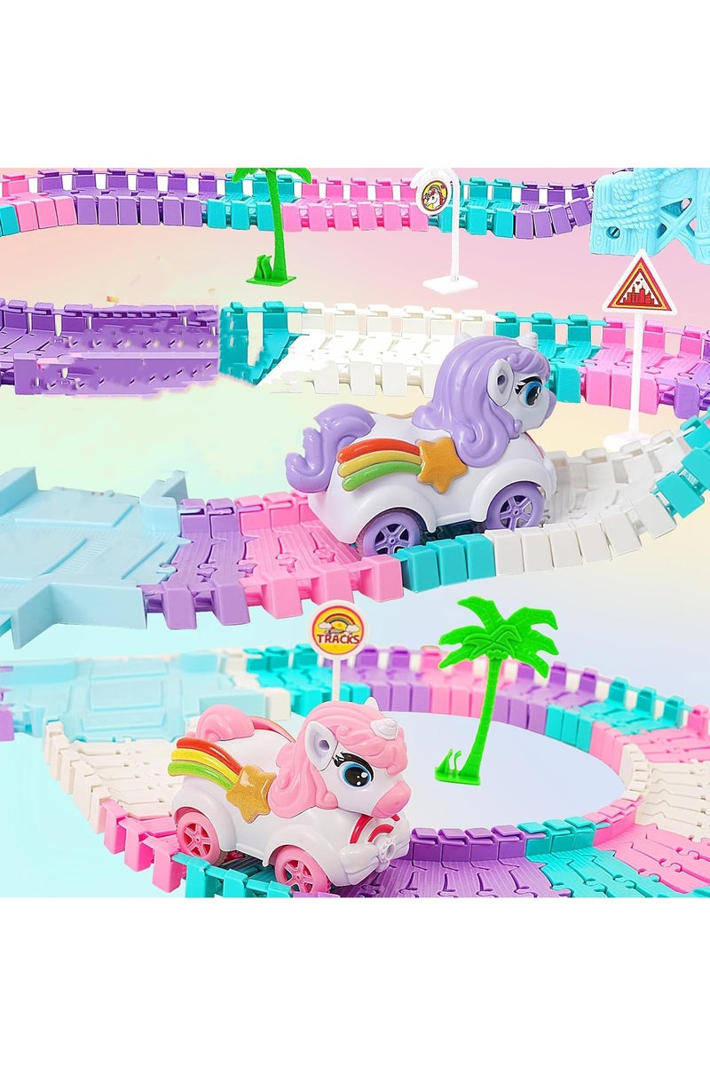 فلاي هسو مسار سباق وحيد القرن مكوّن من 246 قطعة للأطفال من عمر 4 إلى 8 سنوات، مجموعة مسار سيارات مرن، ألعاب أميرة، هدية رائعة للفتيات والأطفال من عمر 3 إلى 6 سنوات - Image 2