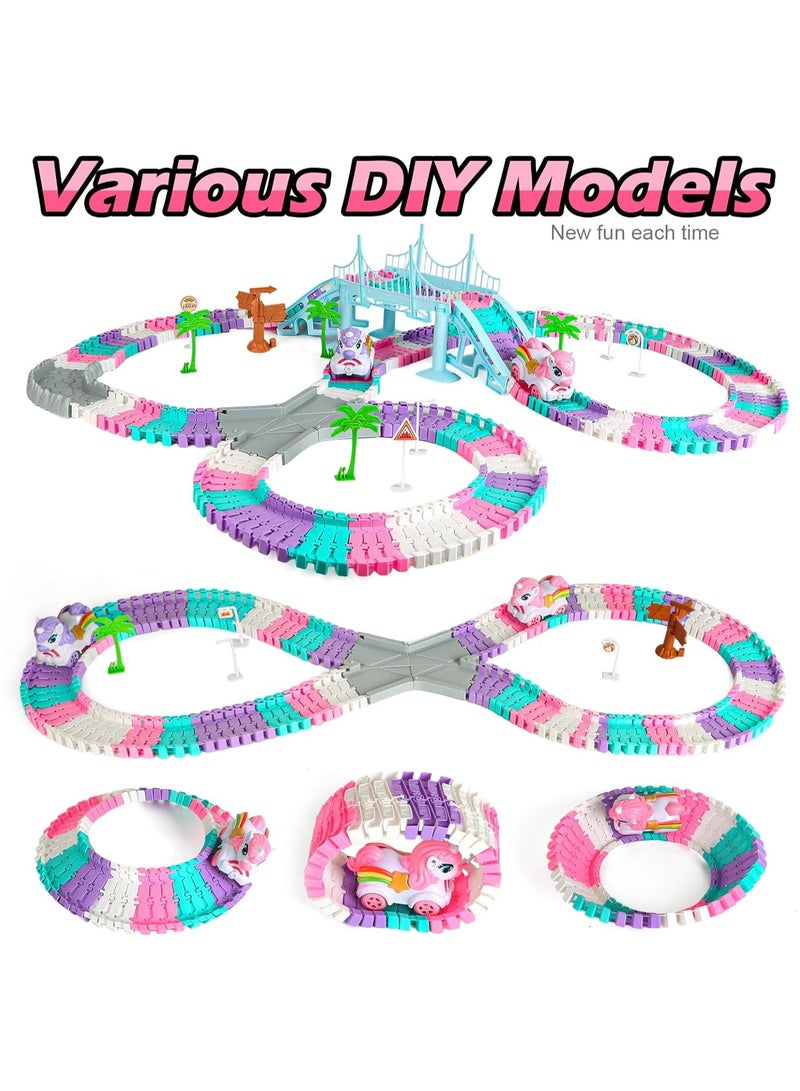 فلاي هسو مسار سباق وحيد القرن مكوّن من 246 قطعة للأطفال من عمر 4 إلى 8 سنوات، مجموعة مسار سيارات مرن، ألعاب أميرة، هدية رائعة للفتيات والأطفال من عمر 3 إلى 6 سنوات - Image 4