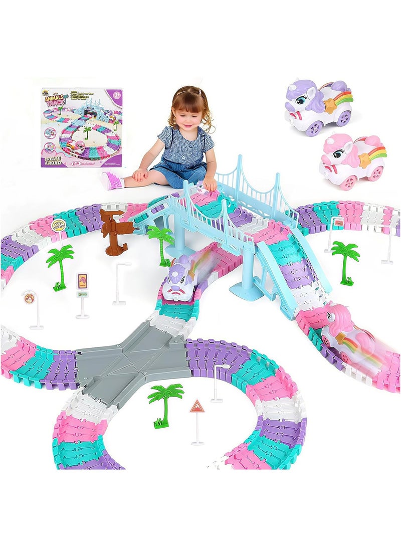 فلاي هسو مسار سباق وحيد القرن مكوّن من 246 قطعة للأطفال من عمر 4 إلى 8 سنوات، مجموعة مسار سيارات مرن، ألعاب أميرة، هدية رائعة للفتيات والأطفال من عمر 3 إلى 6 سنوات - Image 1