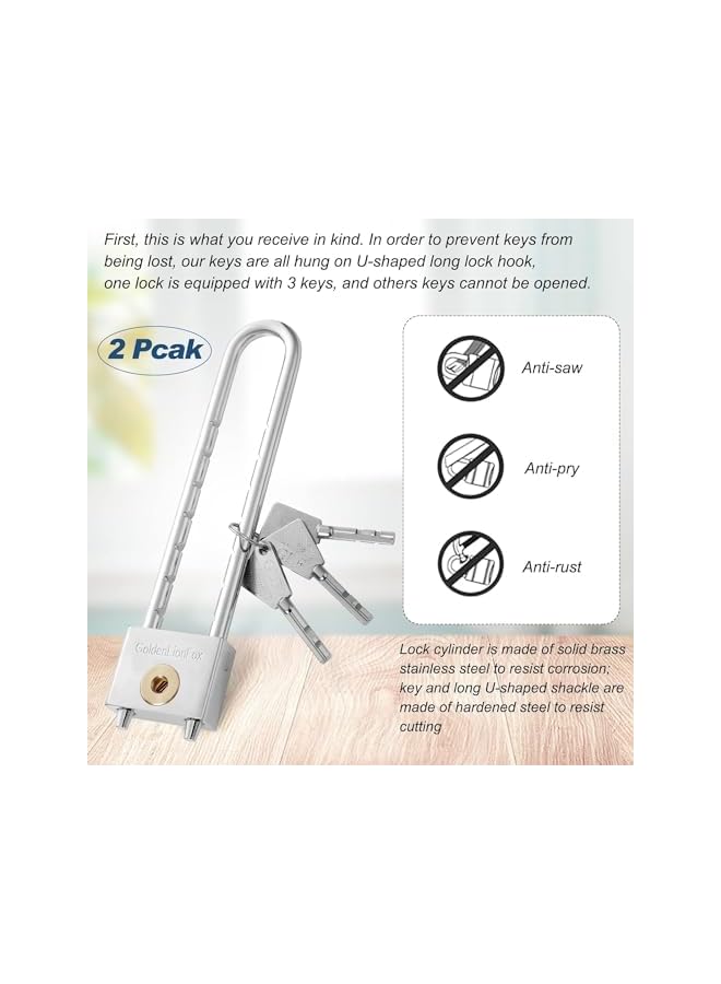 PROMASS PROMASS Long Beam Padlock, Long Shackle Padlock, Long Shackle Padlock with Key, 2 Inch Solid Brass Removable Adjustable Length Silver Shackle for Gates, Cabinets, Safe Boxes, Bike Lock (2 Pack)  - Image 4