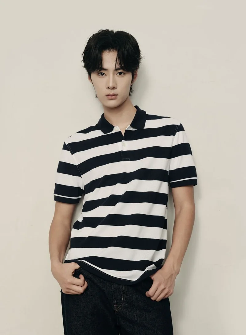 جيوردانو قميص بولو قطني مخطط بقصة ضيقة للرجال | مجموعة كوريا