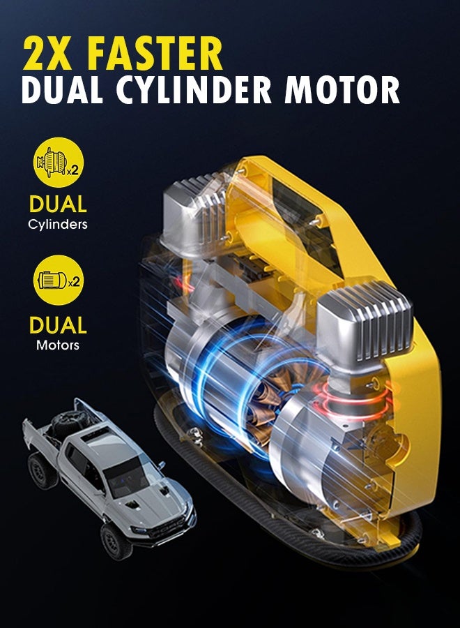 Carsun Heavy Duty Tire Inflator Pump,Dual Cylinders & Dual Motors Tire Pump,150PSI Air Pump Auto Shutoff with Screen,DC 12V Car Socket& 12 V Battery clamps Portable  Air Compressor for Pickup,ORVs,SUVs,Cars - Image 2