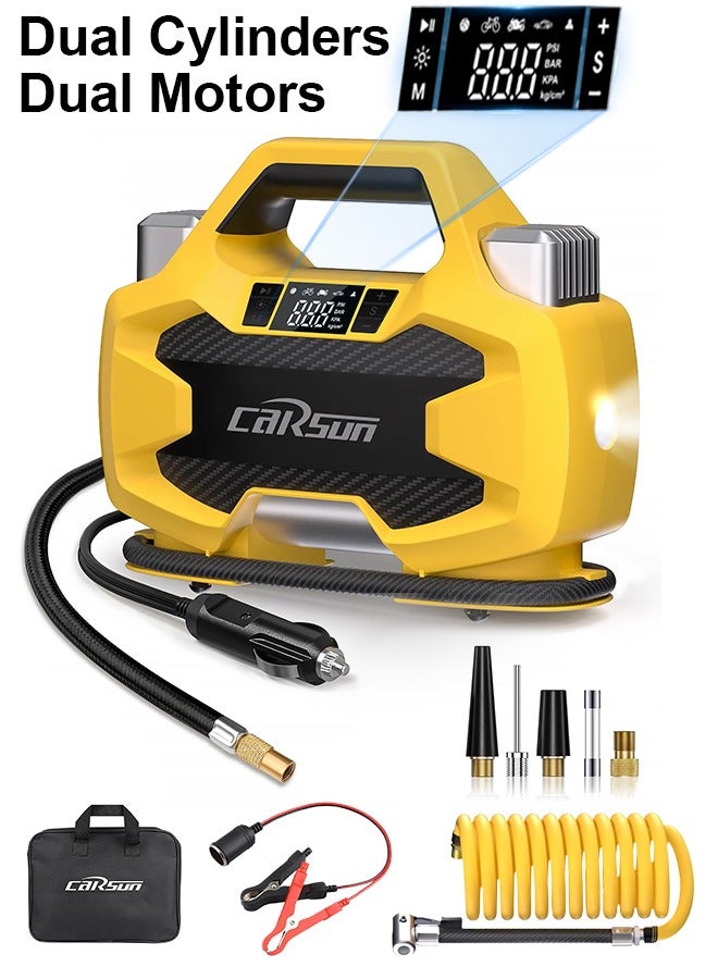 Carsun Heavy Duty Tire Inflator Pump,Dual Cylinders & Dual Motors Tire Pump,150PSI Air Pump Auto Shutoff with Screen,DC 12V Car Socket& 12 V Battery clamps Portable  Air Compressor for Pickup,ORVs,SUVs,Cars - Image 1