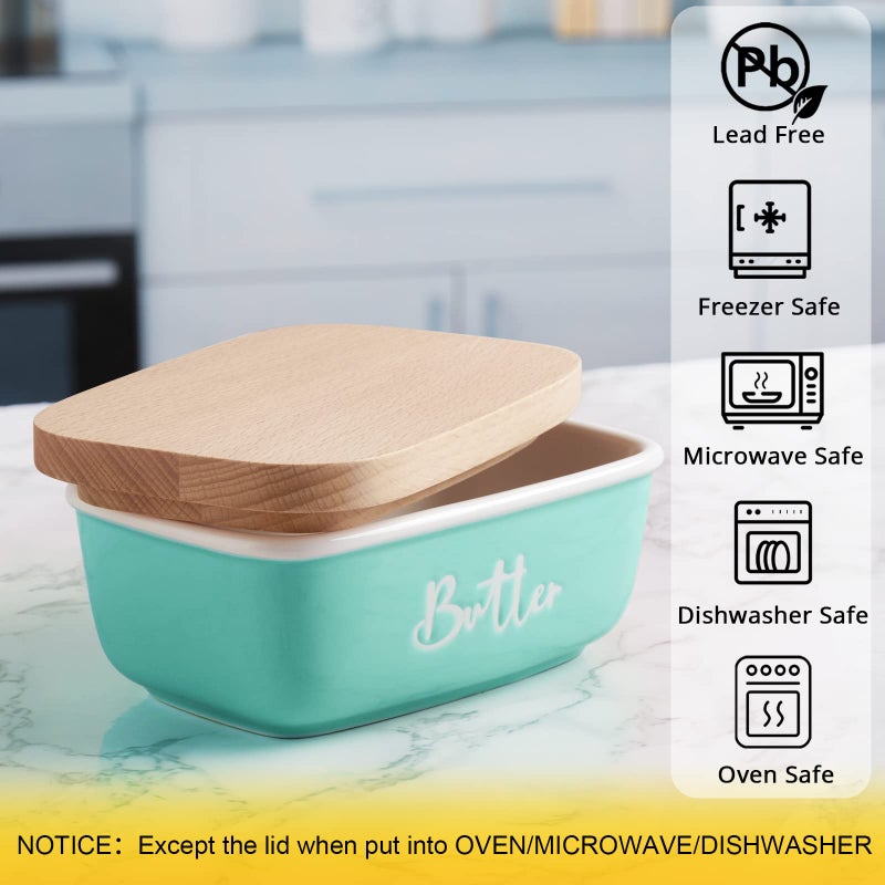 ALELION Turquoise Ceramic Butter Dish with Lid - Turquoise Kitchen Decor & Teal Kitchen Accessories for Countertop - Butter Keeper Container with Thick Beech Wood Lid - Cute Modern Farmhouse Decor - Image 3