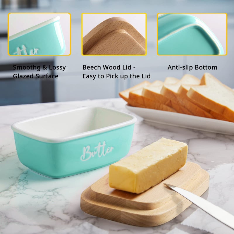 ALELION Turquoise Ceramic Butter Dish with Lid - Turquoise Kitchen Decor & Teal Kitchen Accessories for Countertop - Butter Keeper Container with Thick Beech Wood Lid - Cute Modern Farmhouse Decor - Image 4