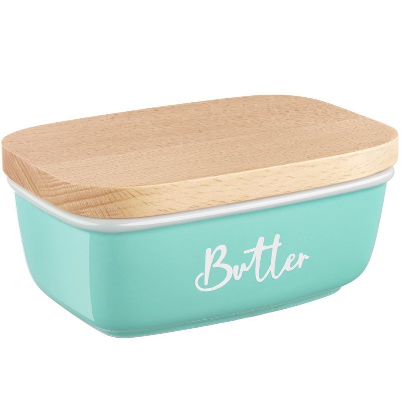 ALELION Turquoise Ceramic Butter Dish with Lid - Turquoise Kitchen Decor & Teal Kitchen Accessories for Countertop - Butter Keeper Container with Thick Beech Wood Lid - Cute Modern Farmhouse Decor - Image 1
