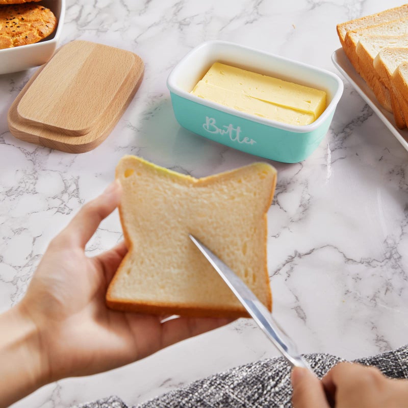 ALELION Turquoise Ceramic Butter Dish with Lid - Turquoise Kitchen Decor & Teal Kitchen Accessories for Countertop - Butter Keeper Container with Thick Beech Wood Lid - Cute Modern Farmhouse Decor - Image 2