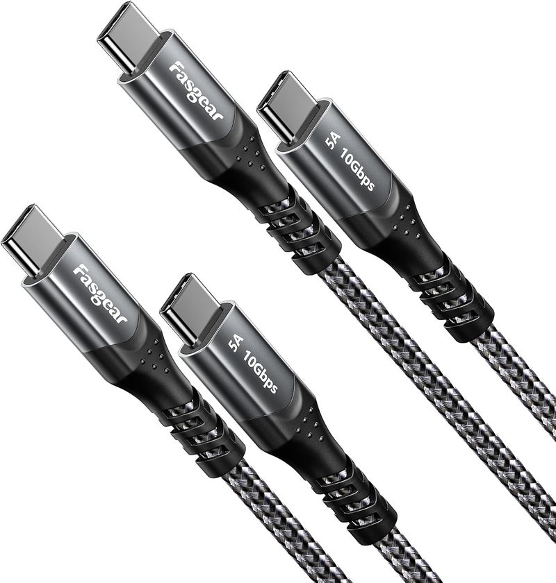 فاسجير كابل USB C إلى Type C، حزمتان من كابل USB 3.1 Type C Gen 2 للشحن السريع، توصيل طاقة 100W، نقل بيانات بسرعة 10Gbps، إخراج فيديو 4K@60Hz، متوافق مع أجهزة Type-C (أسود، 6 أقدام) - Image 1