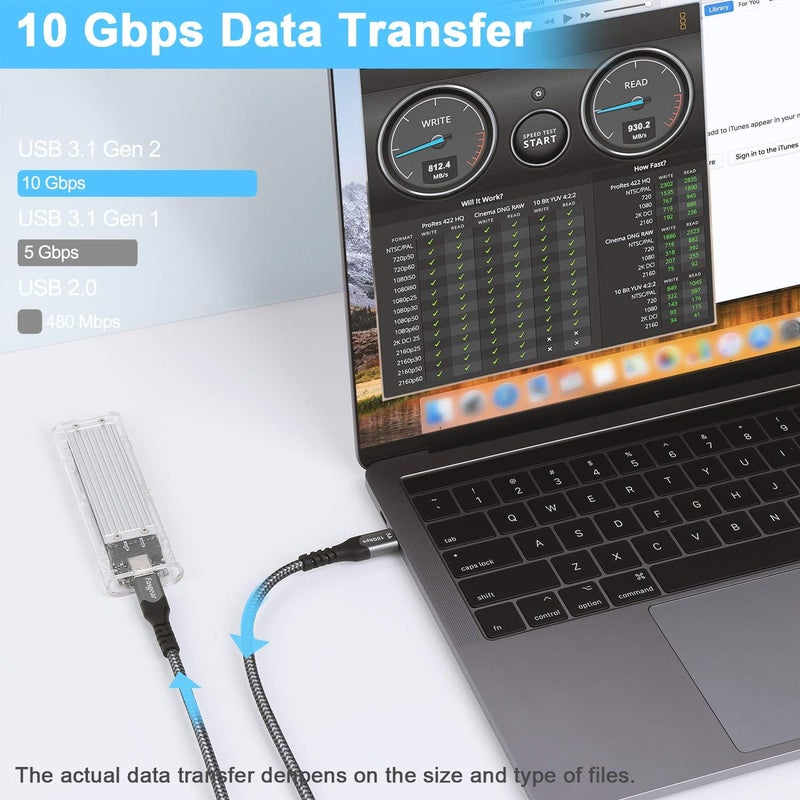 فاسجير كابل USB C إلى Type C، حزمتان من كابل USB 3.1 Type C Gen 2 للشحن السريع، توصيل طاقة 100W، نقل بيانات بسرعة 10Gbps، إخراج فيديو 4K@60Hz، متوافق مع أجهزة Type-C (أسود، 6 أقدام) - Image 2