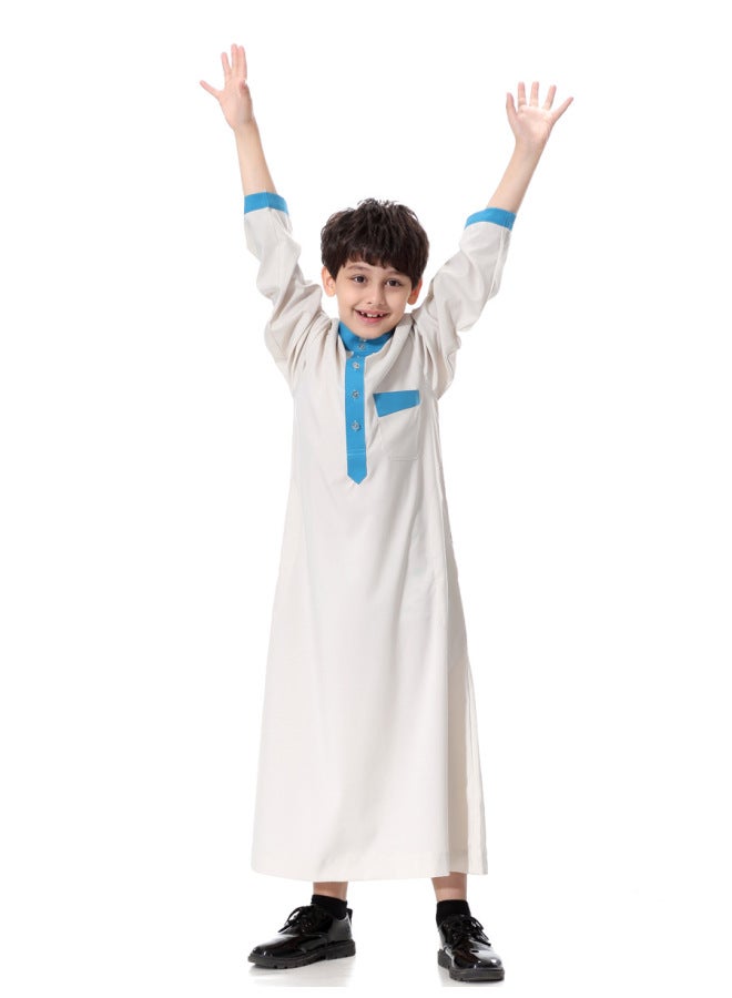 عباية - قميص طويل تقليدي للأولاد - بيج وأبيض، مقاس XL - ملابس أطفال مسلمة، ملابس أطفال تقليدية، قميص طويل كاجوال، زي للعطلات - Image 1