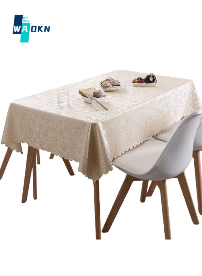 WAOKN 140x180cm Rectangular Flower PVC Tablecloth, 100% Waterproof, Oil-proof and Stain-proof Plastic Tablecloth Cover, Suitable for Kitchen and Restaurant Disposable Table Skirt (Beige)  - Image 1