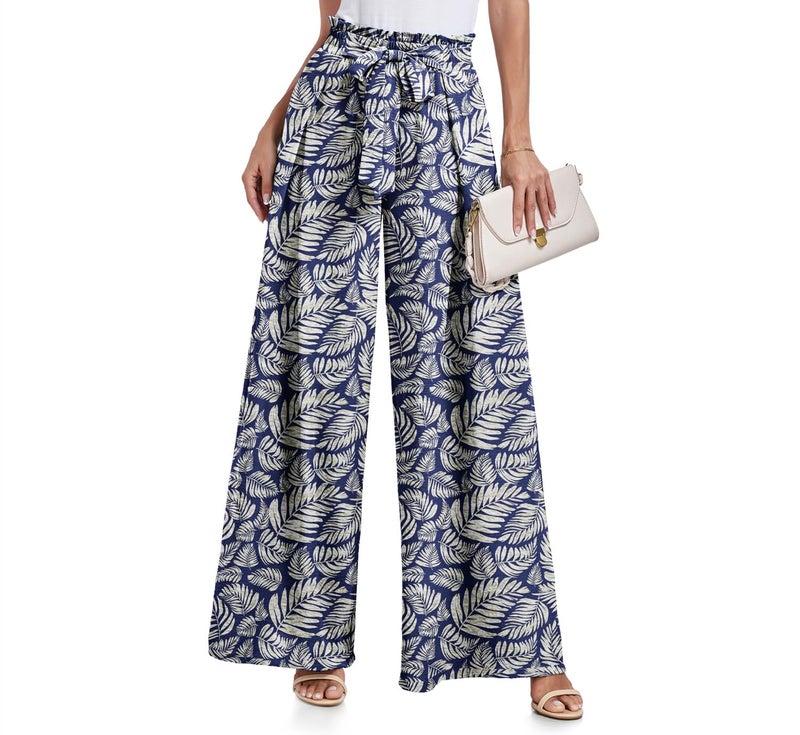 Lepunuo Women's Casual Loose Wide Floral Pants Comfy High Waisted Leaf Print with Pockets - Image 1