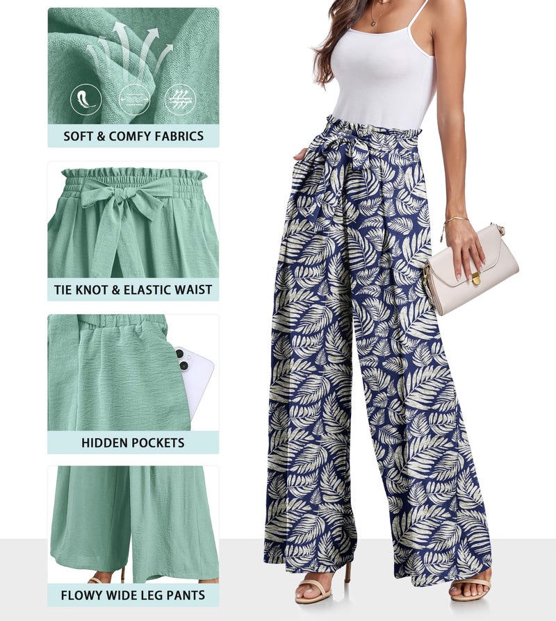 Lepunuo Women's Casual Loose Wide Floral Pants Comfy High Waisted Leaf Print with Pockets - Image 3
