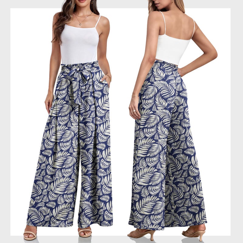 Lepunuo Women's Casual Loose Wide Floral Pants Comfy High Waisted Leaf Print with Pockets - Image 5