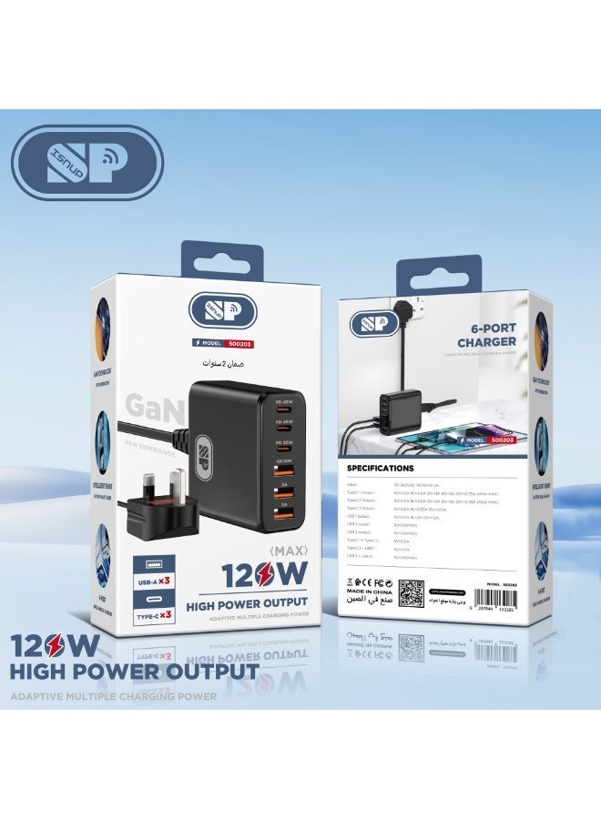 أس بي شاحن جداريبطول 1.2 متر  فائق السرعة 120 وات بتقنية PD جان و QC 5.0 مزود بعدد 6 منافذ أسود - Image 5