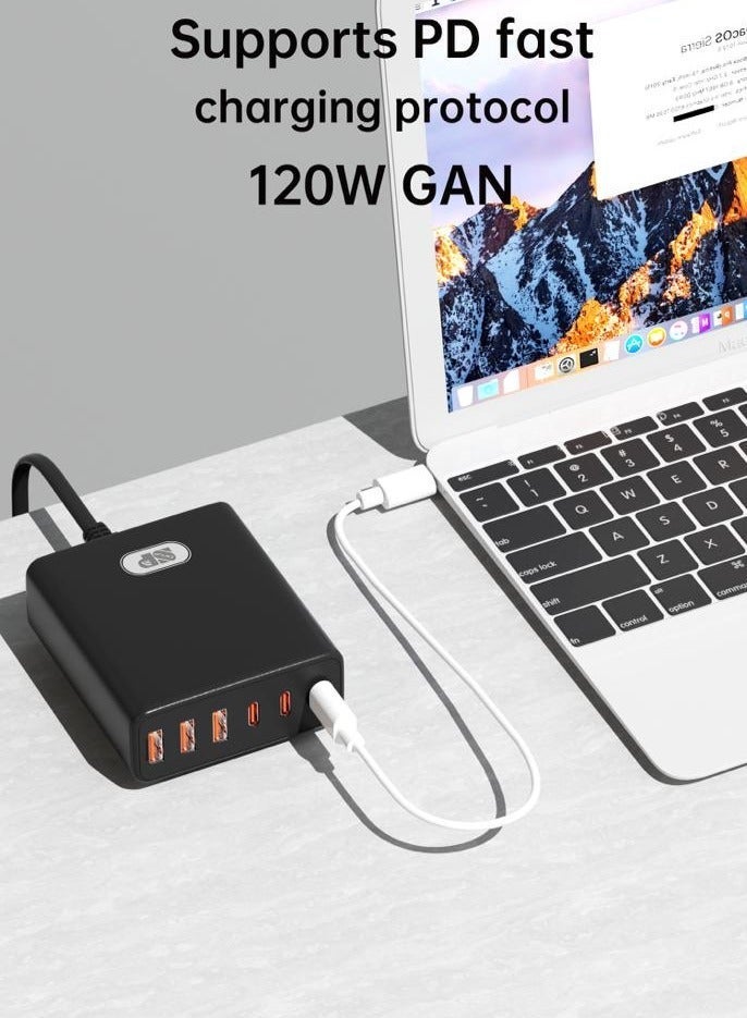 أس بي شاحن جداريبطول 1.2 متر  فائق السرعة 120 وات بتقنية PD جان و QC 5.0 مزود بعدد 6 منافذ أسود - Image 3