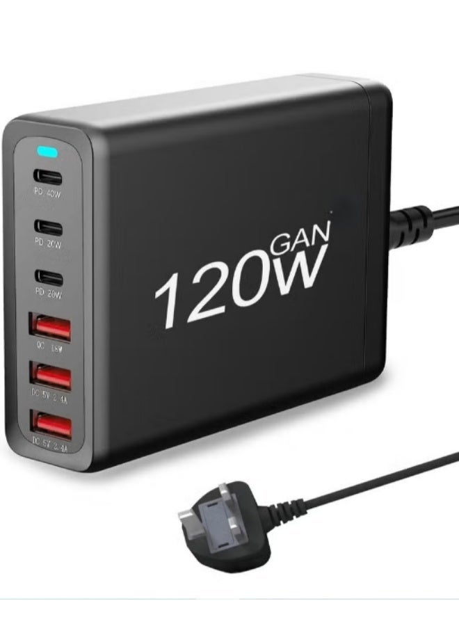 SP 120W Ultra Fast Wall Charger with PD Gain and QC 5.0 Technology with 6 Ports Black - Image 1