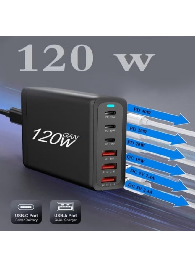 SP 120W Ultra Fast Wall Charger with PD Gain and QC 5.0 Technology with 6 Ports Black - Image 2