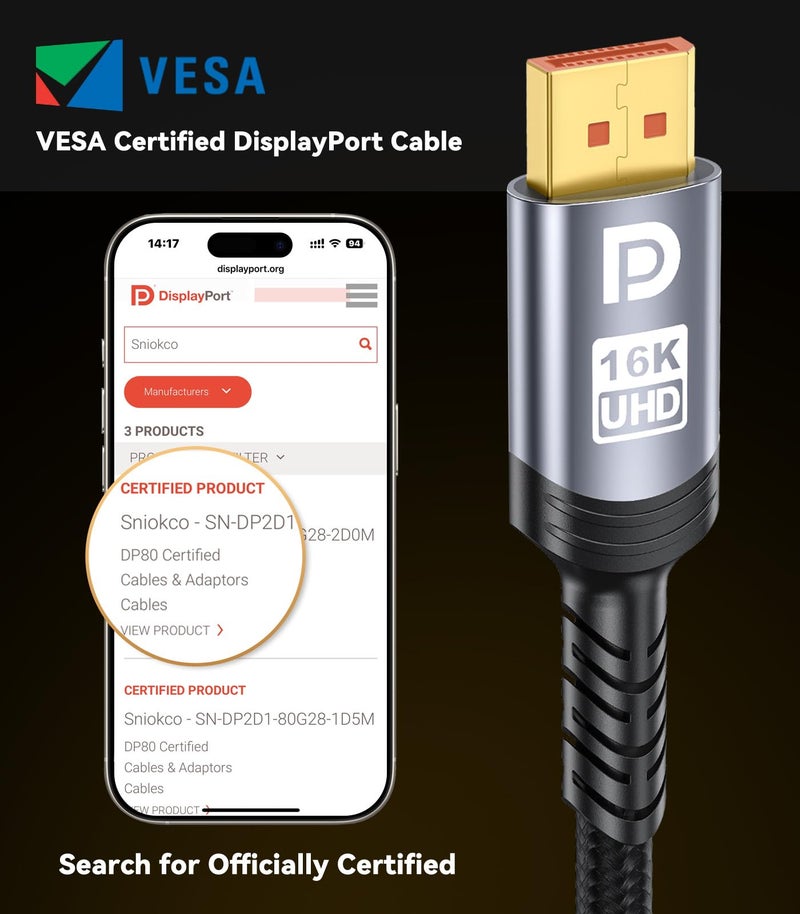 كابل DisplayPort 2.1 من Sniokco بسرعة نقل بيانات 80 جيجابت في الثانية، معتمد من VESA، متوافق مع أجهزة Nvidia وAMD، ويدعم تقنيات HDR وHDCP 2.3 - Image 3