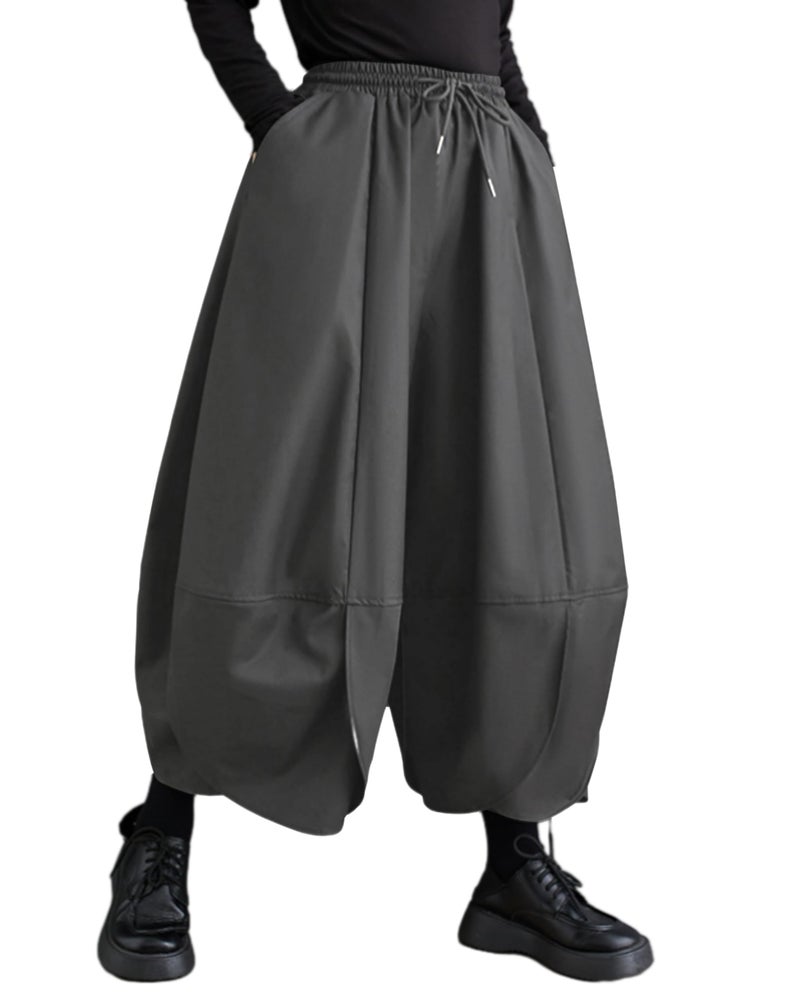 ellazhu Women's Puffy Drawstring Elastic Waist Drop Crotch Hakama Harem Balloon Wide Leg Pants GZ81 Gray - Image 5