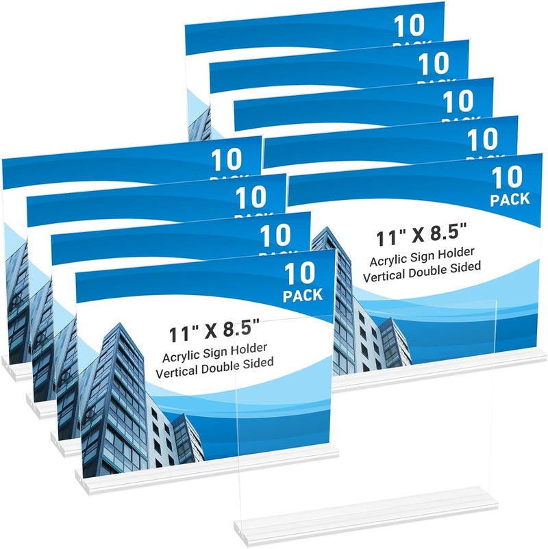 DECOHOBO عبوة من 10 حامل لافتات أكريليك 11 × 8.5، حامل لافتات شفاف مزدوج الجوانب حوامل بلاستيكية للعرض، حوامل لافتات طاولة أكريليك على شكل T لديكور المكاتب والمتاجر والمطاعم وحفلات الزفاف والحفلات - Image 1