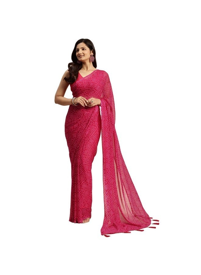 Ratan ساري راتان النسائي من الشيفون بطبعة بندهاني بدون قطعة بلوزة (GZL-55032_وردي راني) - Image 1