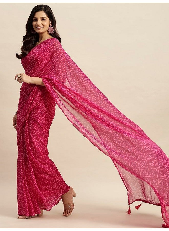 Ratan ساري راتان النسائي من الشيفون بطبعة بندهاني بدون قطعة بلوزة (GZL-55032_وردي راني) - Image 5