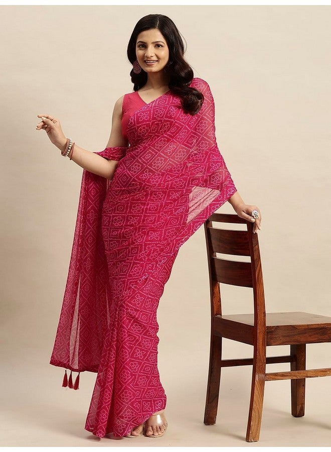 Ratan ساري راتان النسائي من الشيفون بطبعة بندهاني بدون قطعة بلوزة (GZL-55032_وردي راني) - Image 3