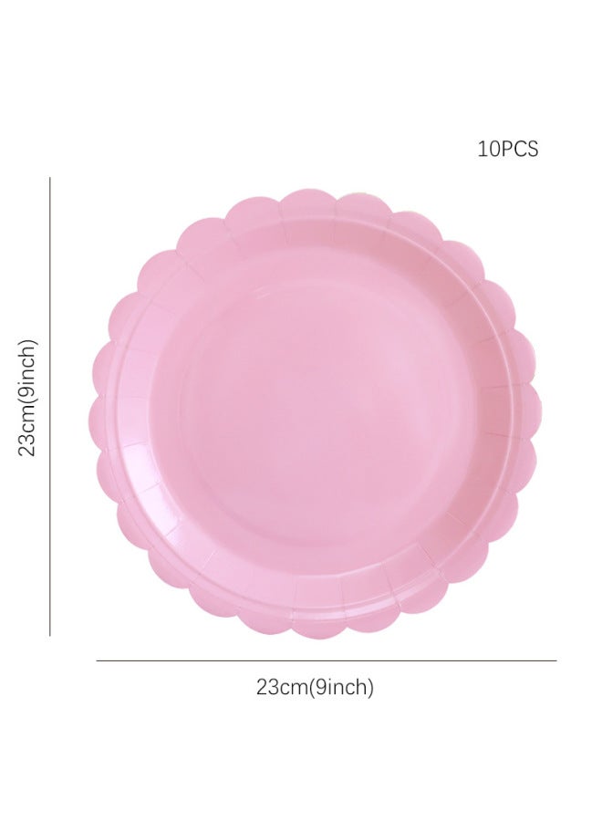 Solid Color Paper Plate Paper Cup Paper Towel Tablecloth Suit Children's Birthday Holiday Party Disposable Tableware Paper Plate Dinner Plate-Color:Light Pink 9inch Plate 10 Pieces - Image 1