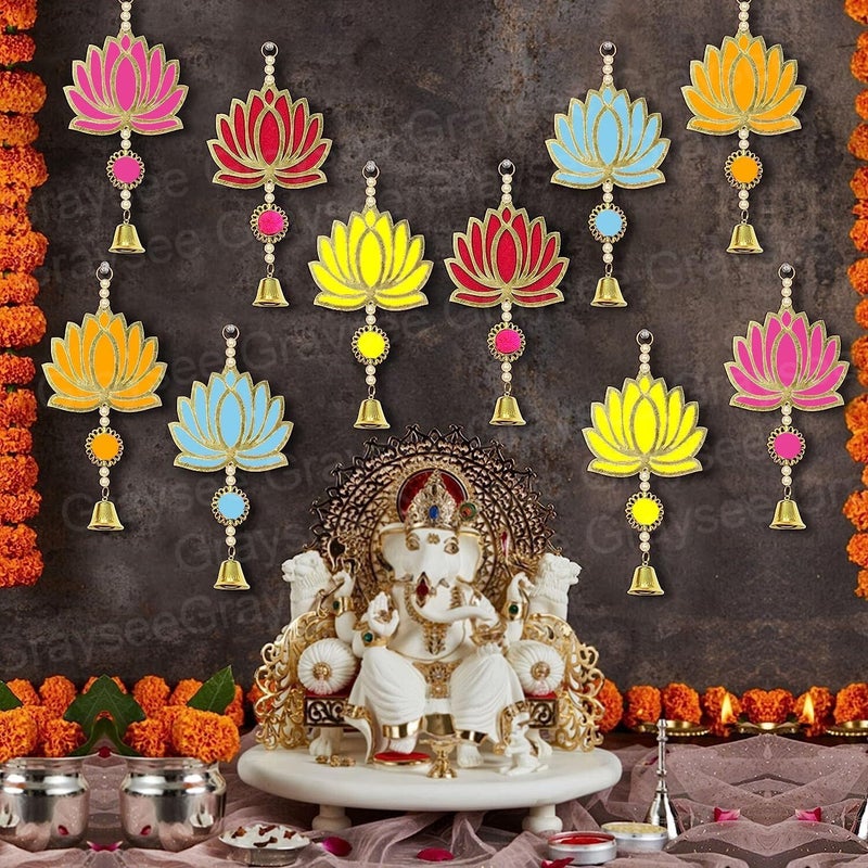Graysee Graysee Lotus Wall Hangings 12 PcsMulticolor PomPom Style Home Decor Items Temple Decoration Pooja Room Decoration Items Diwali Decoration Ganpati Backstage Laxmi Vrat Decor  - Image 1