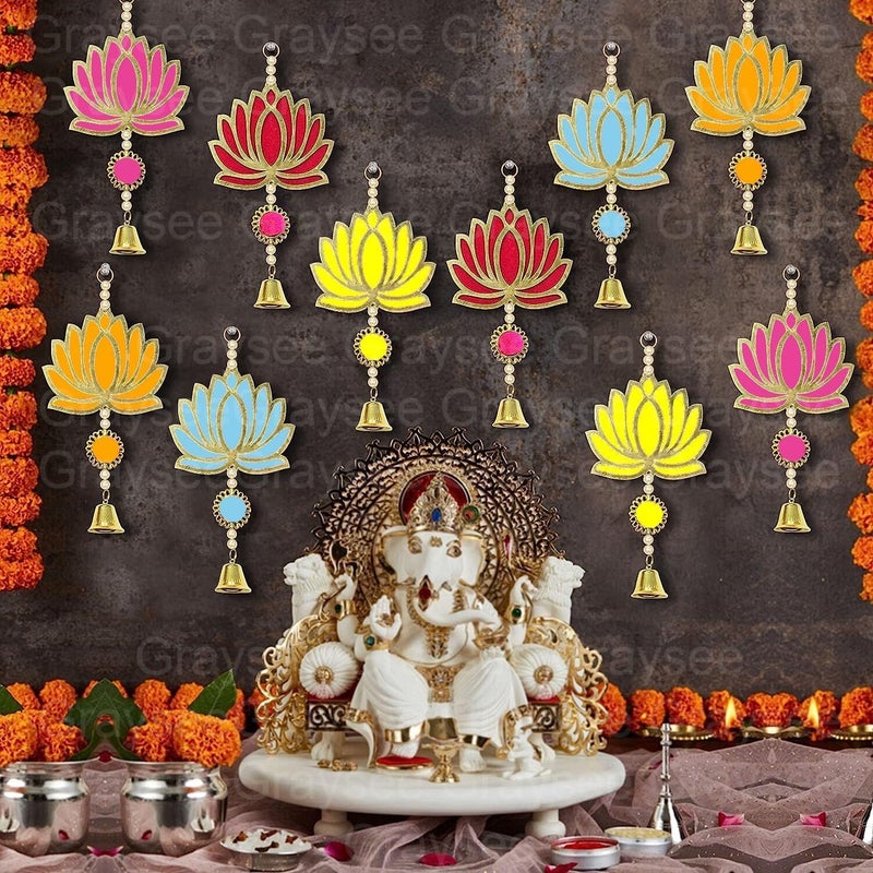 Graysee Graysee Lotus Wall Hangings 12 PcsMulticolor PomPom Style Home Decor Items Temple Decoration Pooja Room Decoration Items Diwali Decoration Ganpati Backstage Laxmi Vrat Decor  - Image 2