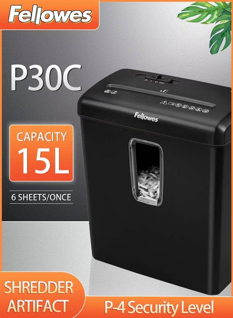 فيلوز الَمْزَقُ الورقي للاستخدام المنزلي - Fellowes P-30C مقطع ورق بتقطيع متقاطع لـ6 ورقات للمكاتب المنزلية - مقطع  الشخصي مزود بقفل أمان وصندوق قمامة سعة 15 لتر - مستوى الأمان P4 - Image 1