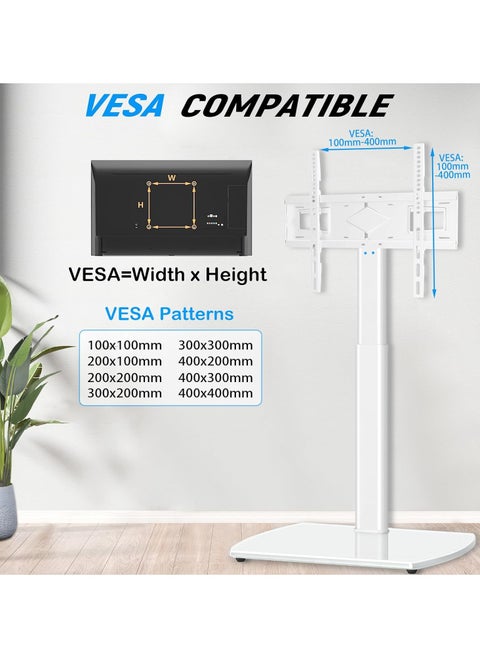 White Floor TV Stand for TV Screen with Swivel and Height Adjustable, Metal Base Hold up to 88 lbs Max VESA 400x400 mm