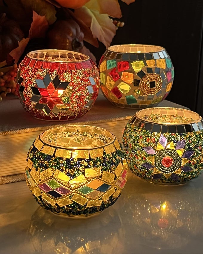 GLASS CANDLE HOLDER SET OF 4 VOTIVE CANDLE HOLDERS HANDMADE MOSAIC GLASS TEALIGHT HOLDERS DIWALI CHRISTMAS TABLE DECORATIONS FOR HOME