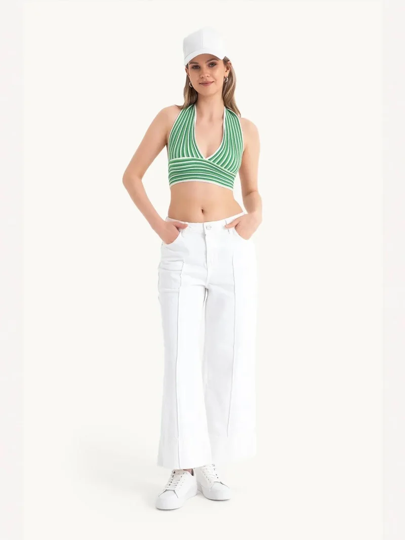 Striped Deep V Neck Halter Backless Crop Top