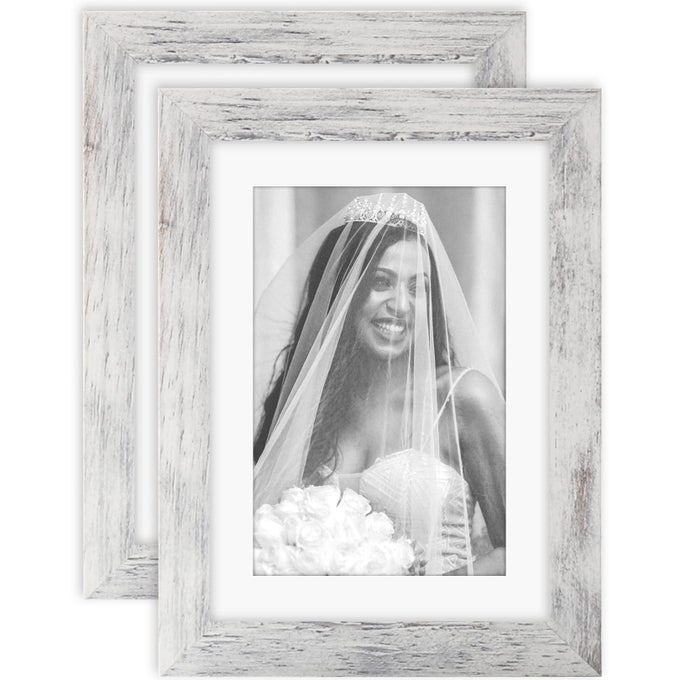 PICTURE FRAMES 5X7 SET OF 2 DISTRESSED WHITE WOOD GRAIN PHOTO FRAME FOR GALLERY WALL MOUNTING OR TABLETOP DISPLAY