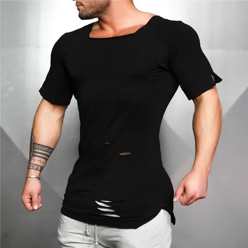 Empty Plate Solid Color Pure Cotton Men''s Long Slim-fit Sports Fitness Short-sleeved T-shirt Men''s Distressed Distinctive T-shirt with Holes in Collar - Image 2