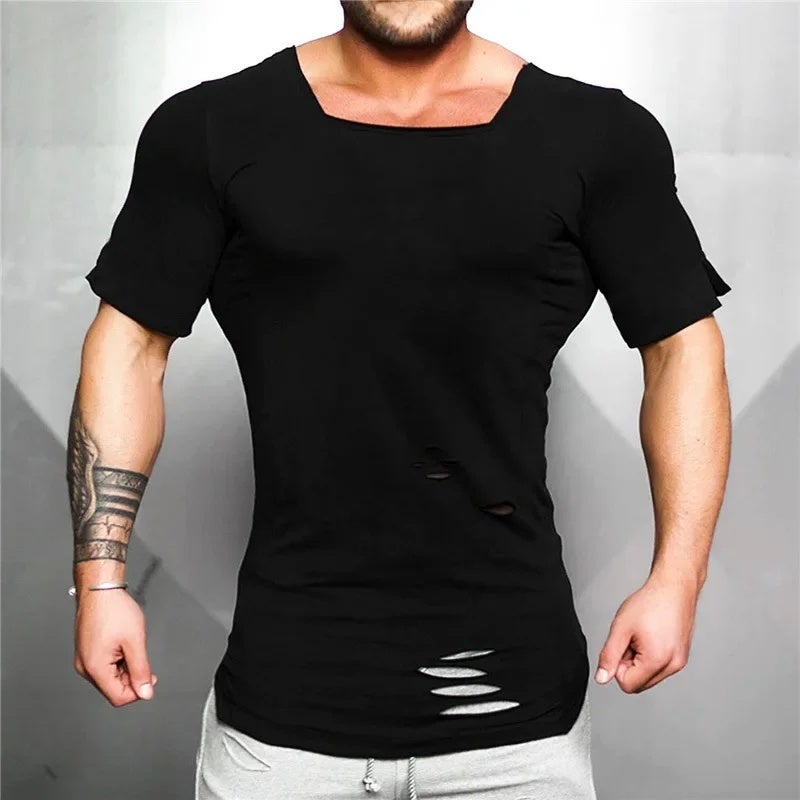 Empty Plate Solid Color Pure Cotton Men''s Long Slim-fit Sports Fitness Short-sleeved T-shirt Men''s Distressed Distinctive T-shirt with Holes in Collar - Image 3