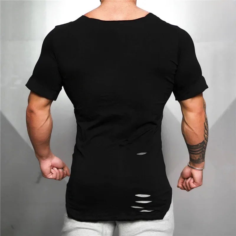 Empty Plate Solid Color Pure Cotton Men''s Long Slim-fit Sports Fitness Short-sleeved T-shirt Men''s Distressed Distinctive T-shirt with Holes in Collar - Image 4