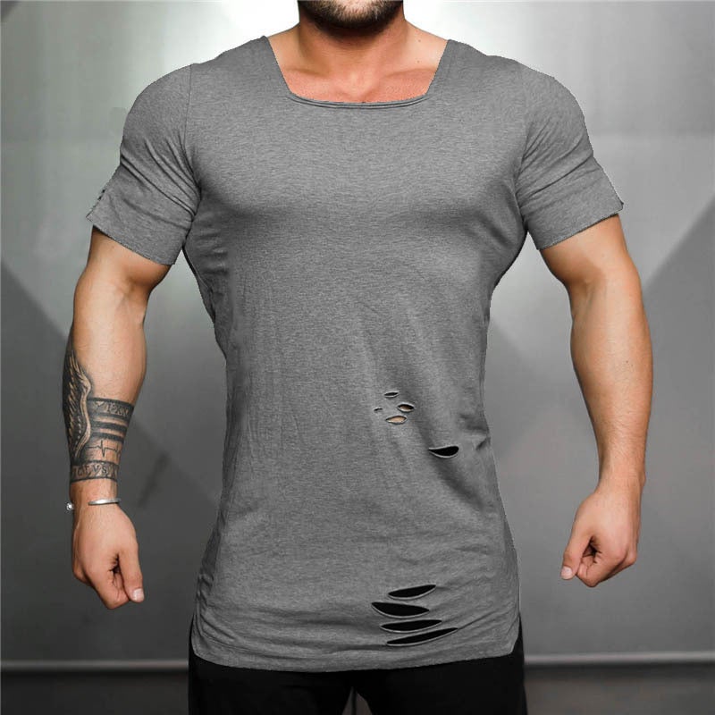 Empty Plate Solid Color Pure Cotton Men''s Long Slim-fit Sports Fitness Short-sleeved T-shirt Men''s Distressed Distinctive T-shirt with Holes in Collar - Image 1
