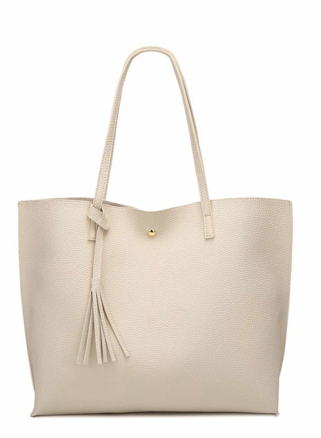 Dreubea Women's Soft Faux Leather Tote Shoulder Bag from, Big Capacity Tassel Handbag, Beige, One size - Image 1