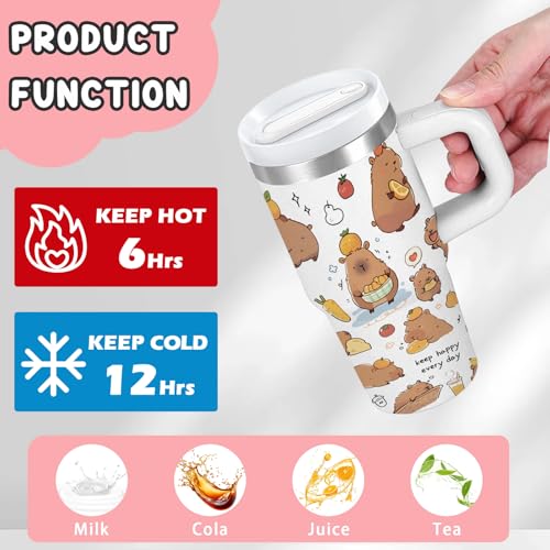 xiiai Capybara Gift for Women, 14oz Capybara Tumbler with Handle, Lid & Straw - Vacuum Insulated Stainless Steel Travel Mug - Hot/Cold Car Cup for Commuting, Office - Kawaii Water Bottle Gifts for Adults - Image 5