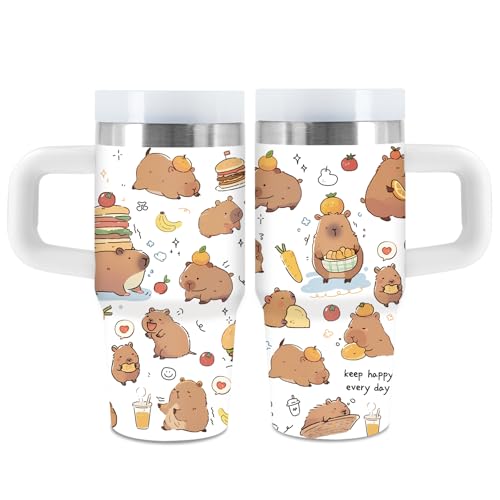 xiiai Capybara Gift for Women, 14oz Capybara Tumbler with Handle, Lid & Straw - Vacuum Insulated Stainless Steel Travel Mug - Hot/Cold Car Cup for Commuting, Office - Kawaii Water Bottle Gifts for Adults - Image 1