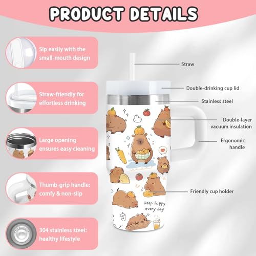 xiiai Capybara Gift for Women, 14oz Capybara Tumbler with Handle, Lid & Straw - Vacuum Insulated Stainless Steel Travel Mug - Hot/Cold Car Cup for Commuting, Office - Kawaii Water Bottle Gifts for Adults - Image 4